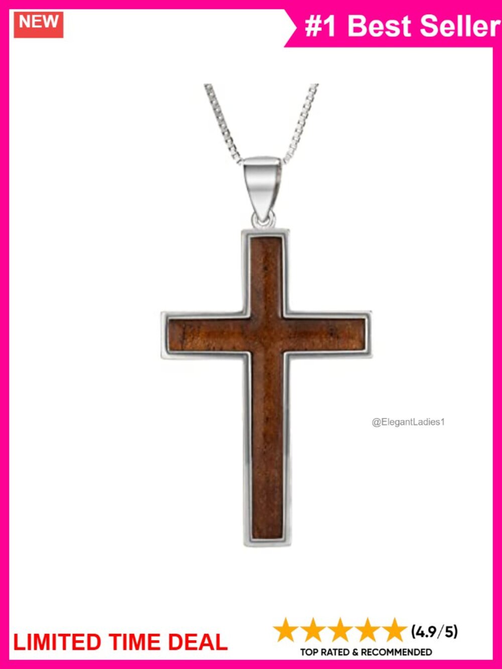 Sterling Silver Koa Wood Cross Necklace Pendant 18" Box Chain